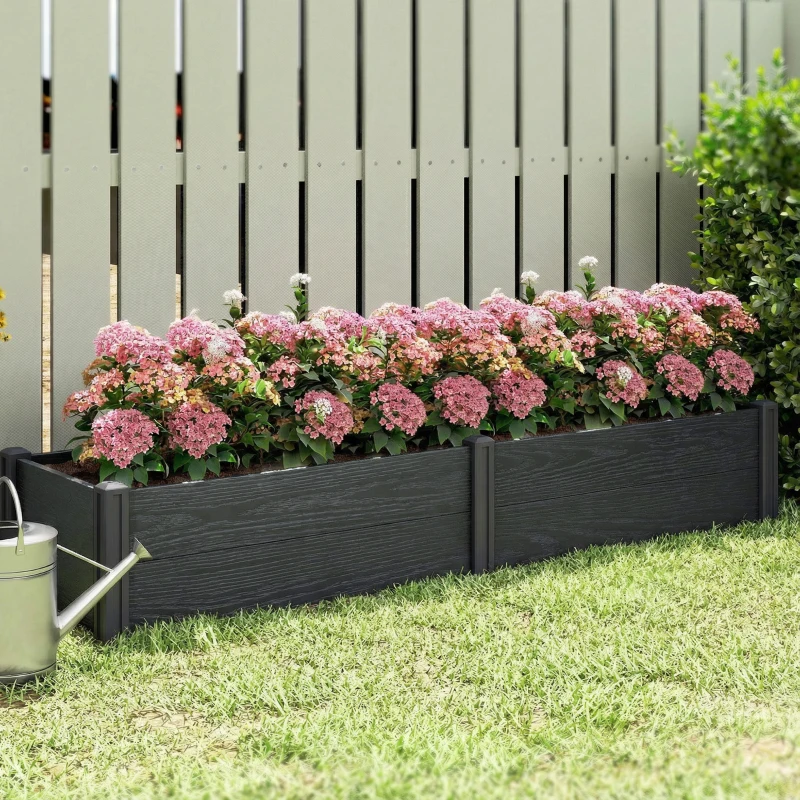 Outsunny Vinyl Raised Garden Bed Kit, 6.5 x 2 x 1ft Elevated Garden Box with Divider and Open Bottom, Grey Wood Effect