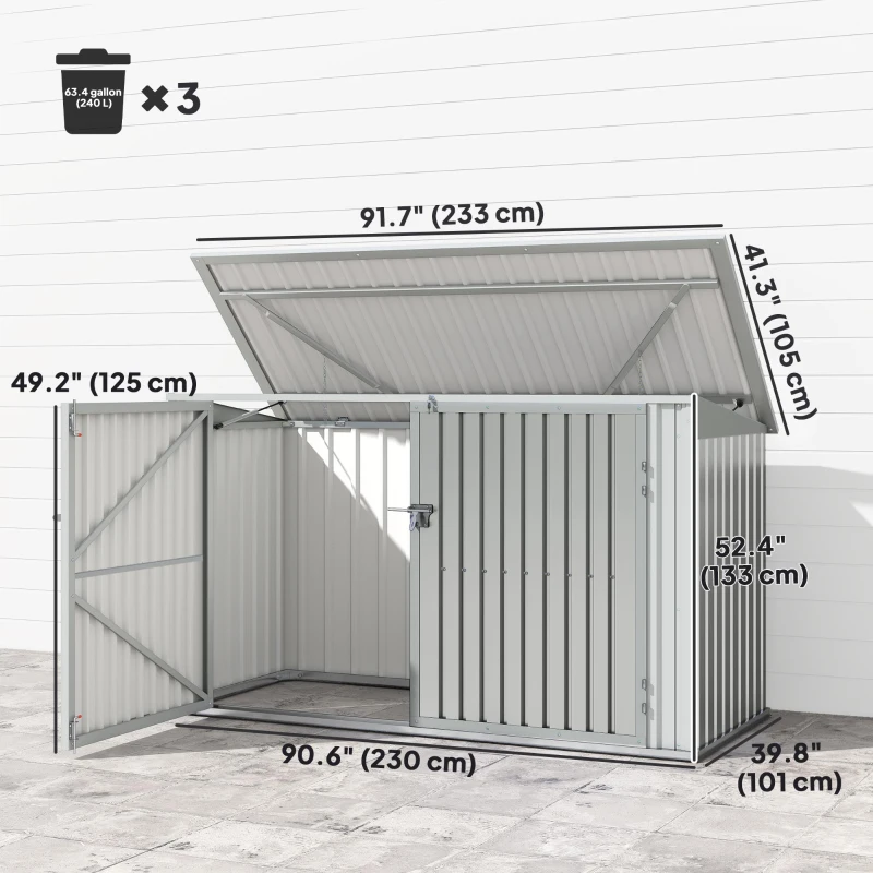 Outsunny 7.6 x 3.4ft Outdoor Storage Shed, 3 Garbage Bin Shed Organizer with Lockable Double Doors, Openable Lid, Silver Grey