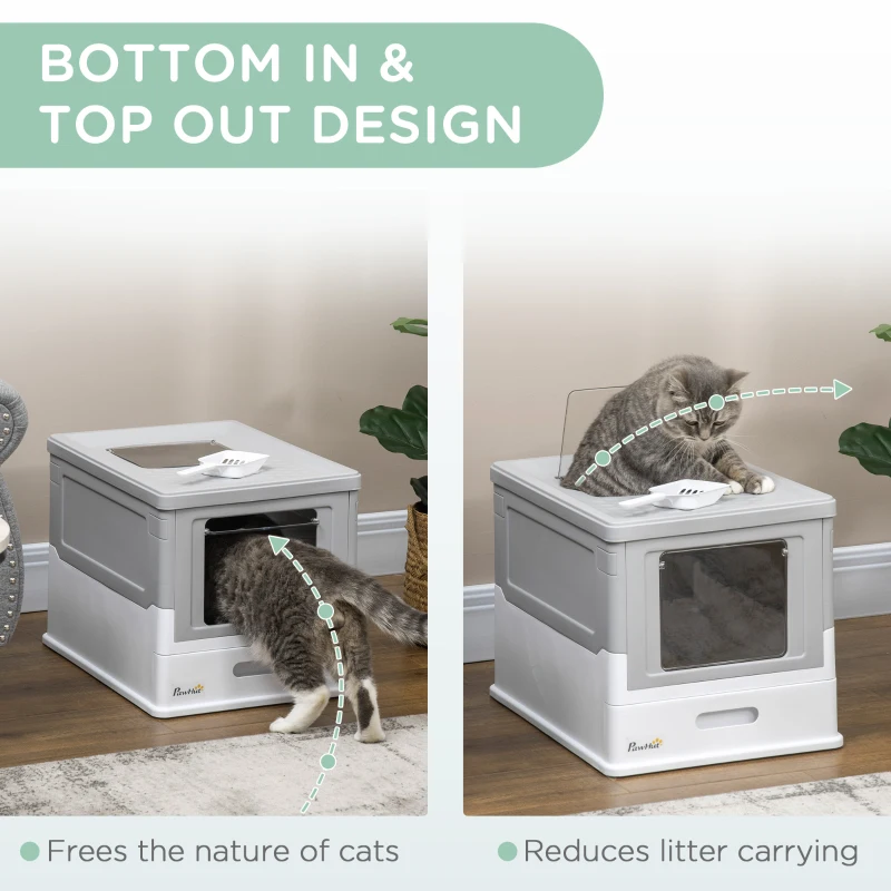 PawHut Top Entry Enclosed Kitty Litter Box with Scoop, Tray, Front Entry, Large Space, Foldable, Portable, Grey