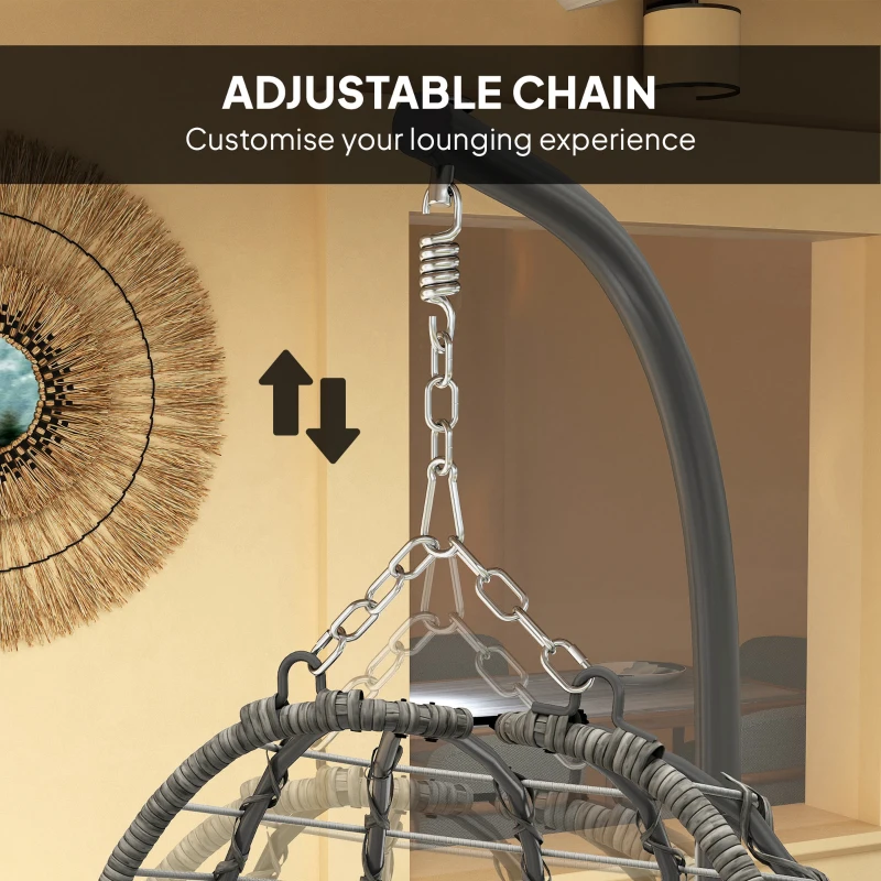 Outsunny Hanging Egg Chair with Stand, Foldable Wicker Rattan Swing Chair with Thick Cushion, Headrest, Light Grey