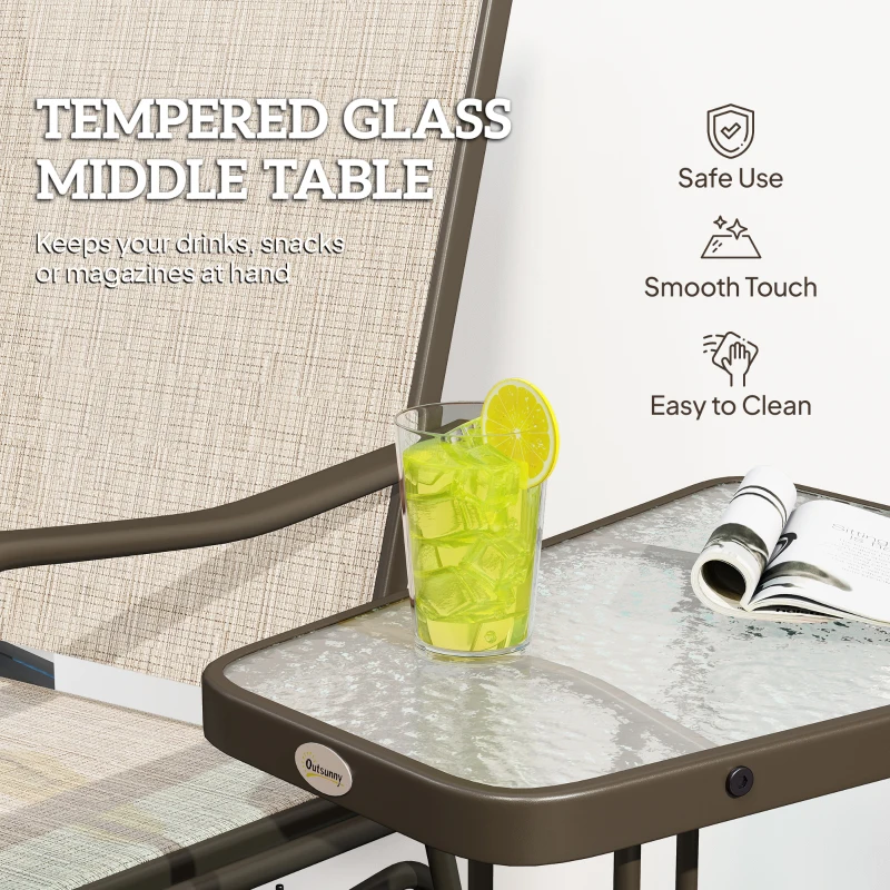 Outsunny Double Patio Glider Chair with Glass Top Center Table, Outdoor Glider Loveseat with High Back,  All Weather Breathable Mesh Fabric for Garden, Backyard, Deck, Light Brown