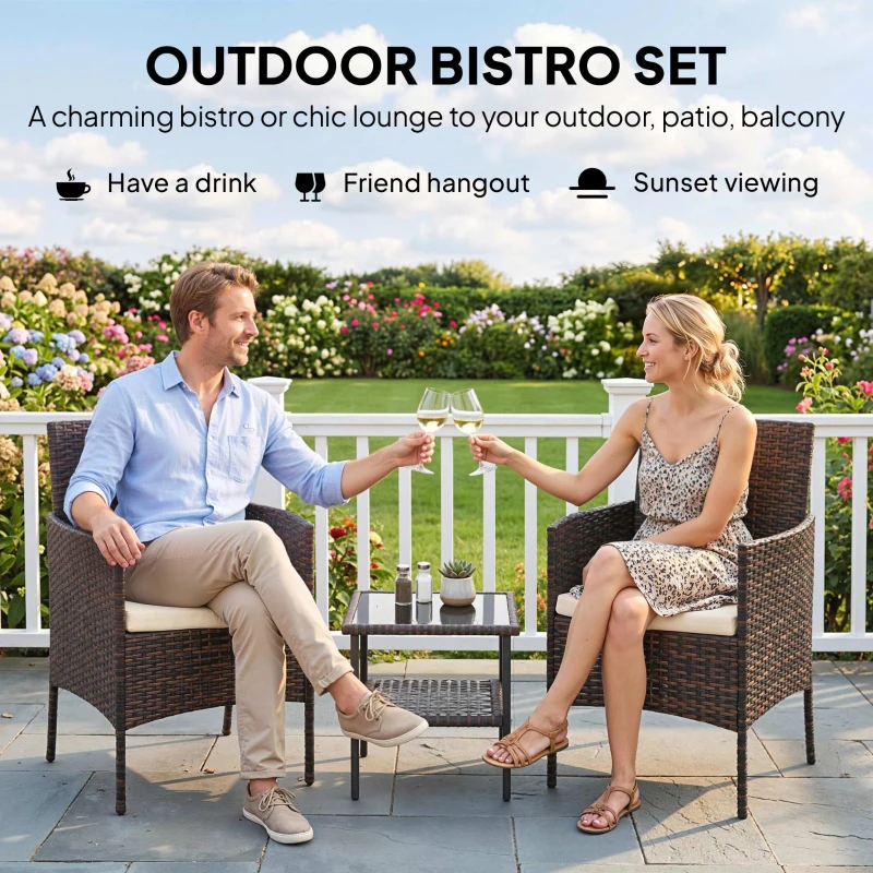 Outsunny Wicker Bistro Set, 3 Piece Patio Furniture Set with 2-Tier Glass Top Table, Cushions for Balcony, Porch, Khaki