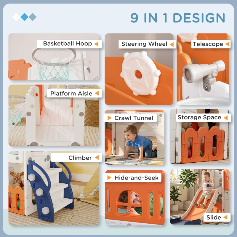 Qaba 9 in 1 Toddler Slide with Basketball Hoop, Climber, Telescope, Tunnel, Steering Wheel, for 1-3 Years, Orange