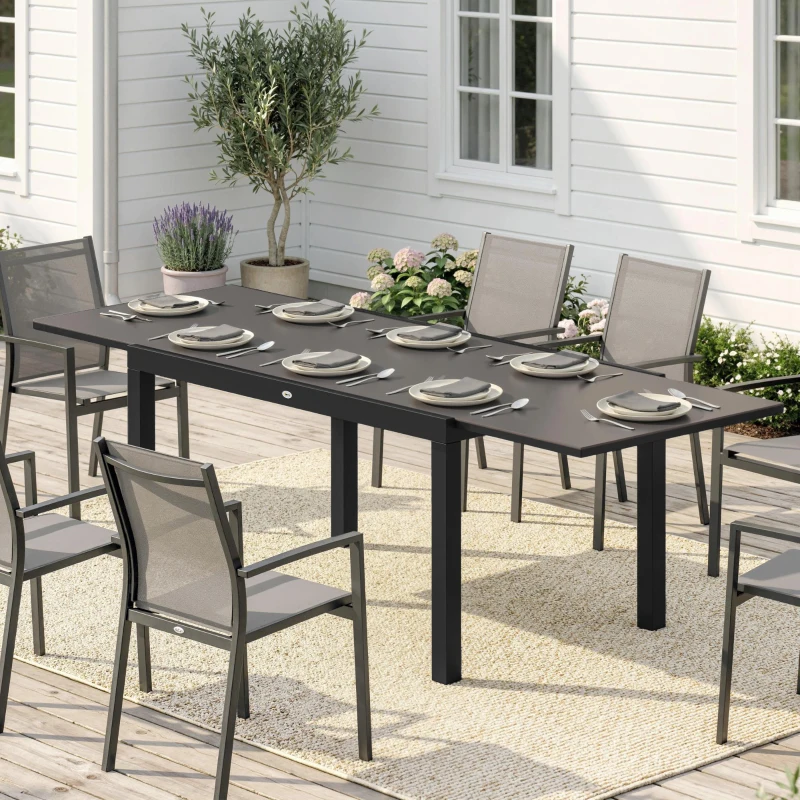 Outsunny Expandable Outdoor Dining Table, 55"-95" Patio Table with Tempered Glass Top and Aluminum Frame, Black