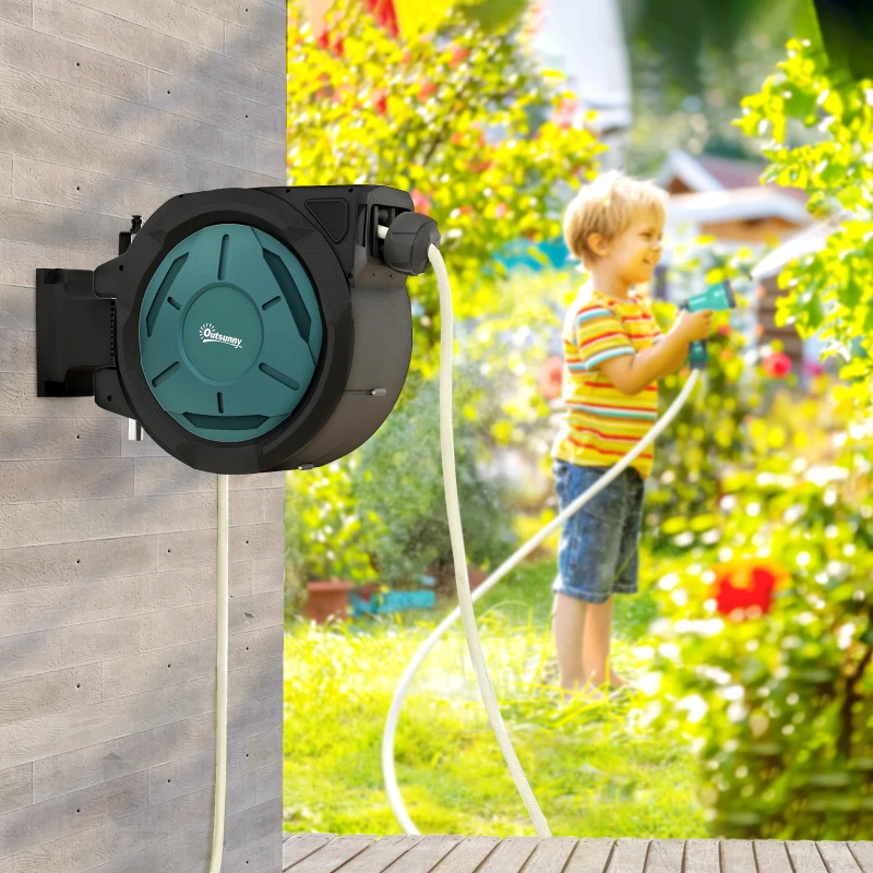 Outsunny 1/2 in x 65ft Wall Mounted Garden Hose Reel, Retractable Water Hose Reel with Auto Rewind, Any Length Lock, Blue