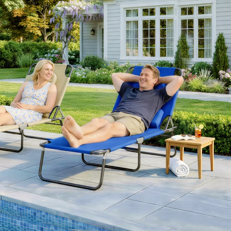 Outsunny Folding Chaise Lounge Chair, Reclining Beach Tanning Chair with Face Hole, Pillow, 4-Position Adjustable Lay Flat Sun Lounger, Steel Frame for Outdoor Patio Pool, Blue