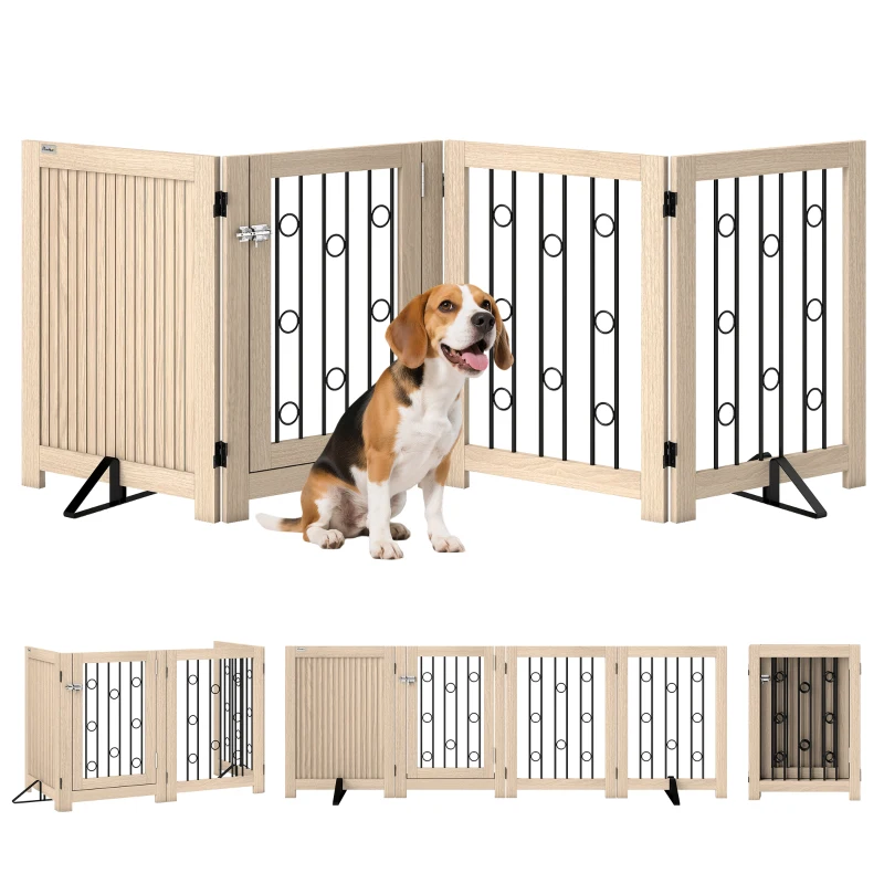 PawHut reestanding Dog Gate, Wooden Foldable Pet Gate with 4 Panels, Walk-Through Door, Support Feet, Non-Slip Mats