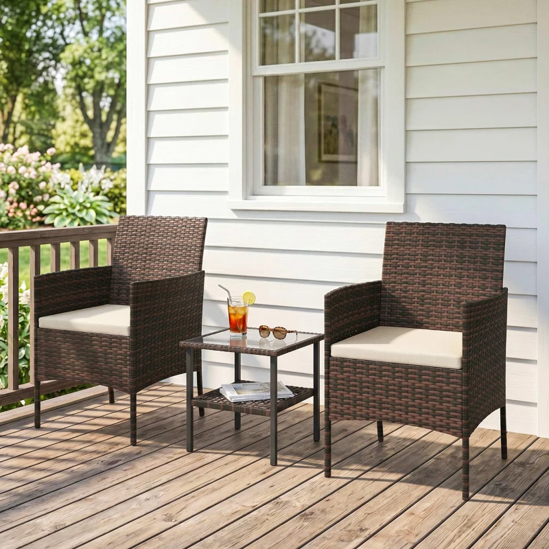Outsunny Wicker Bistro Set, 3 Piece Patio Furniture Set with 2-Tier Glass Top Table, Cushions for Balcony, Porch, Khaki