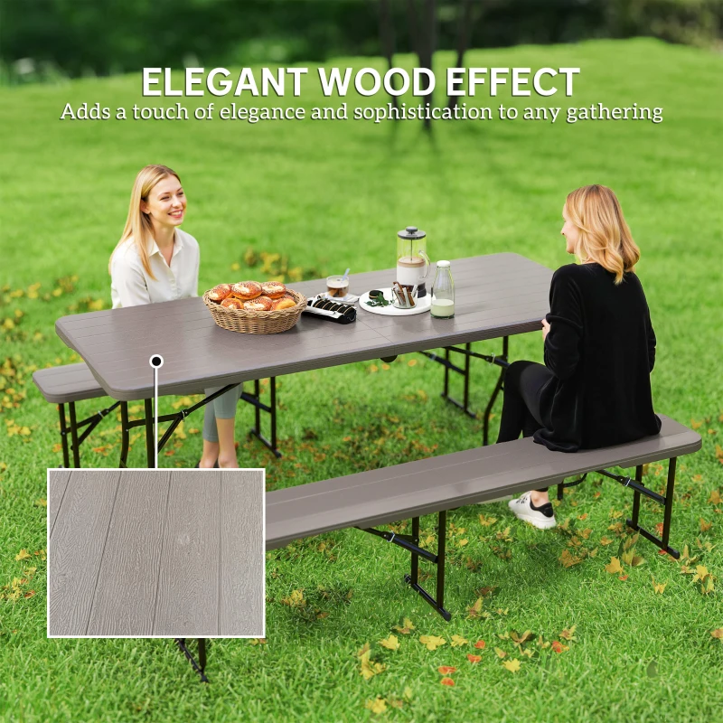 Outsunny 6FT 3PCS Faux Rattan Outdoor Camping Table Bench Set with Carrying Handles, Folding Picnic Table with 2 Benches, Brown