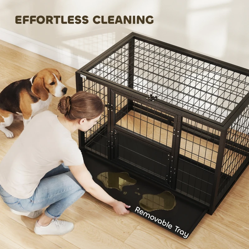 PawHut 37 Inch Heavy Duty Dog Crate, Large Metal Dog Kennel with Removable Tray, 3 Doors and Secure Lock