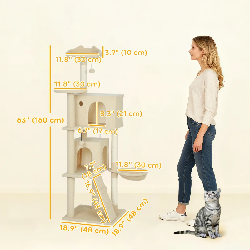 PawHut 63 Inch Cat Tree with Sisal Scratching Posts, Condos, Plush Perches, Hammock, Ladder, Dangling Balls, Beige