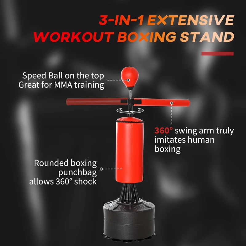 Soozier Freestanding Boxing Punch Bag Stand with 360° Rotating Flexible Arm, Speed Ball, Waterable and Sandable Base, Red