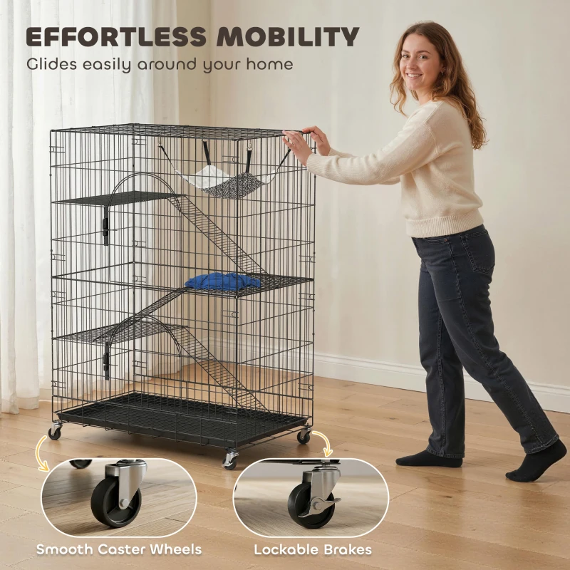 PawHut 4-Tier Cat Cage, Large Cat Enclosure with Lockable Wheels, Tray, Hammock, Bed, 3 Ramp, 3 Platforms for 3-5 Kittens