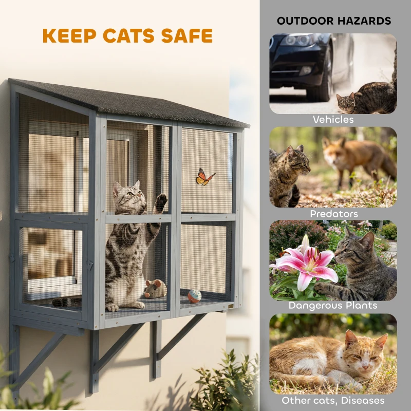 PawHut Catio Outdoor Cat Enclosure Wall-Mounted 2-Level Outdoor Cat House with Waterproof Roof 39.4" Grey