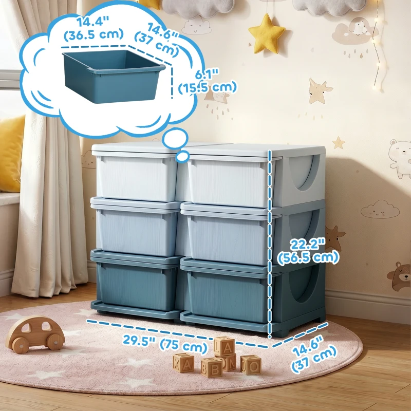 Qaba 3 Tier Kids Toy Organizer and Storage Bins with 6 Plastic Drawers, Blue