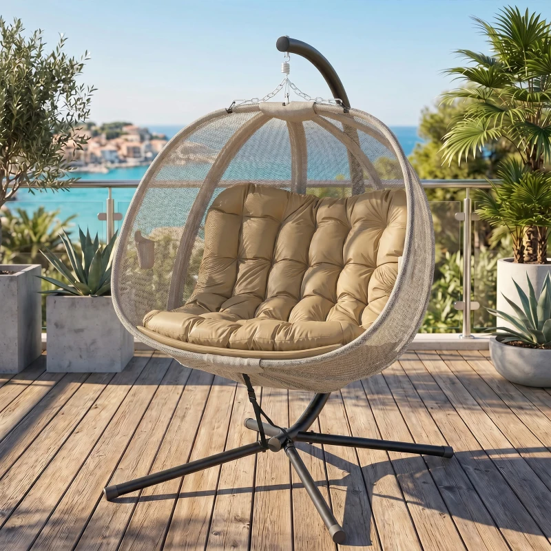 Outsunny Double Egg Chair with Stand, 2 Person Hanging Swing Egg Chair with Cushion, Pockets, Khaki