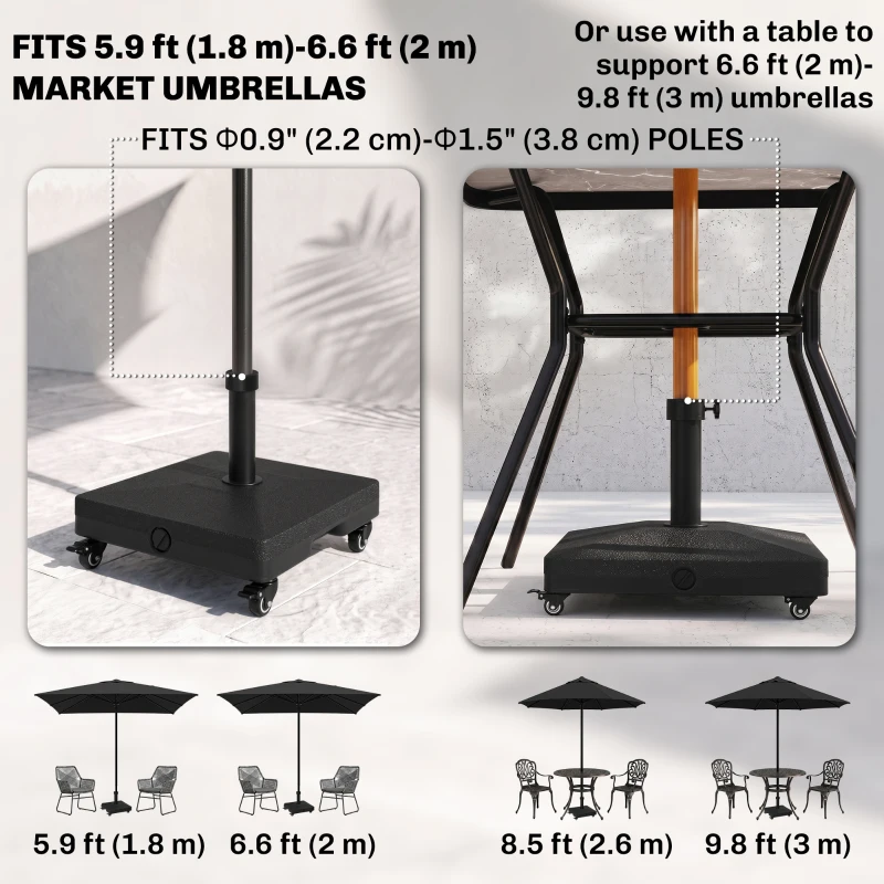 Outsunny HDPE Square Parasol Base, Portable Umbrella Stand Weights for Cantilever Banana Parasol with Wheels, 35lbs with Water or 40lbs with Sand, for Φ0.75" to Φ1.5" Pole, Black