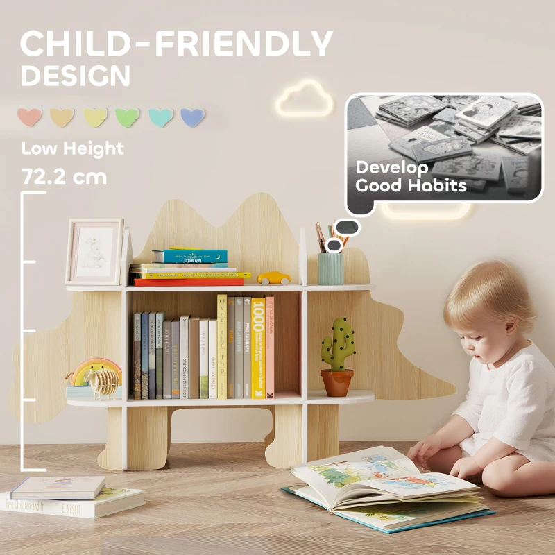 Qaba Dinosaur Themed Kids Bookshelf, 2 Tier Kids Bookcase, for Playroom, Bedroom, Living Room, Kids Room, Natural