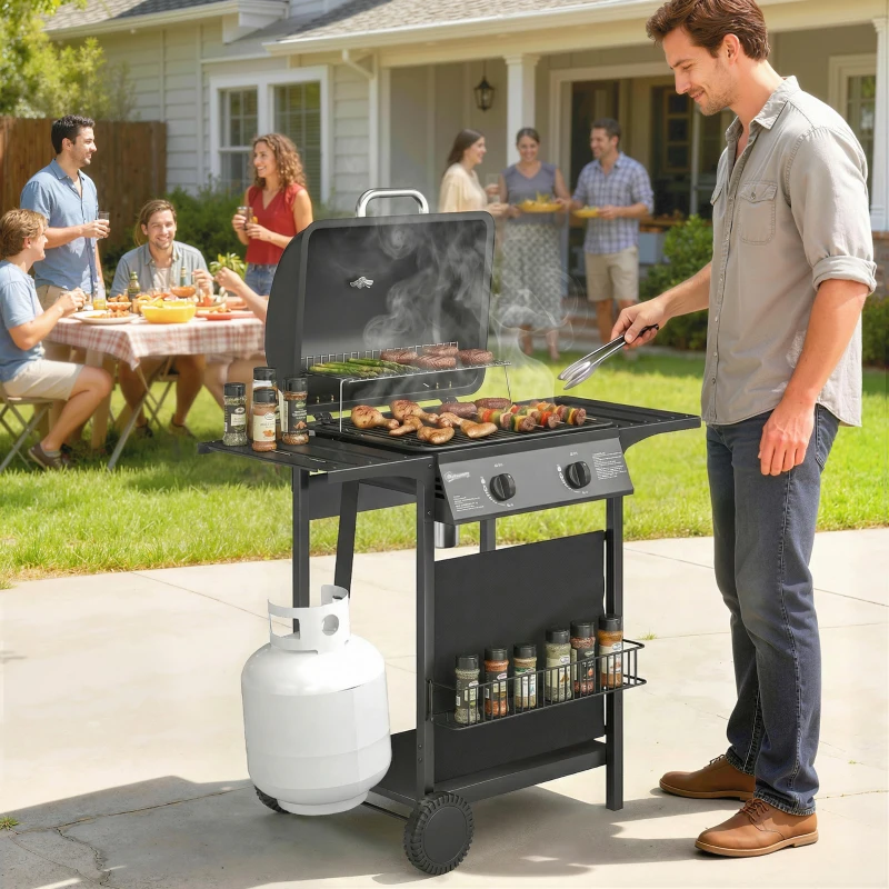 Outsunny 2 Burner Propane Gas Grill, 18000 BTU BBQ Grill with Wheels, Warming Rack, Shelf, Thermometer, Grease Cup, Black