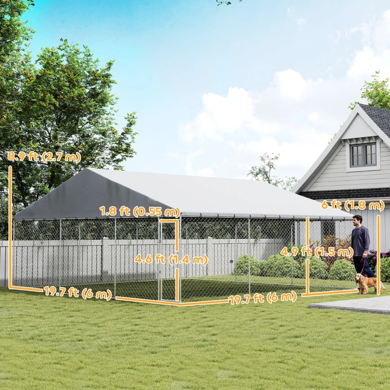 PawHut Heavy Duty Outdoor Dog Kennel with Waterproof Roof, Secure Latch, Chain Link Dog Run for Backyard, 19.7' x 19.7' x 8.9'