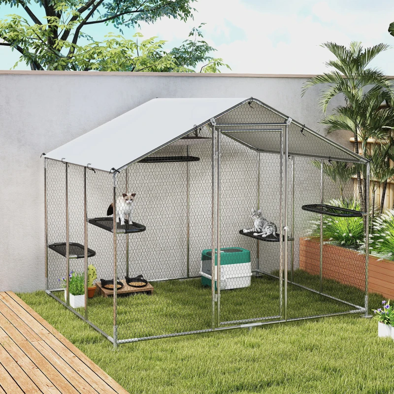 PawHut Large Catio Outdoor Cat Enclosure with Waterproof Cover, Walk-in Cat Patio w/ 5 Adjustable Platforms & Hammock 94.5" L