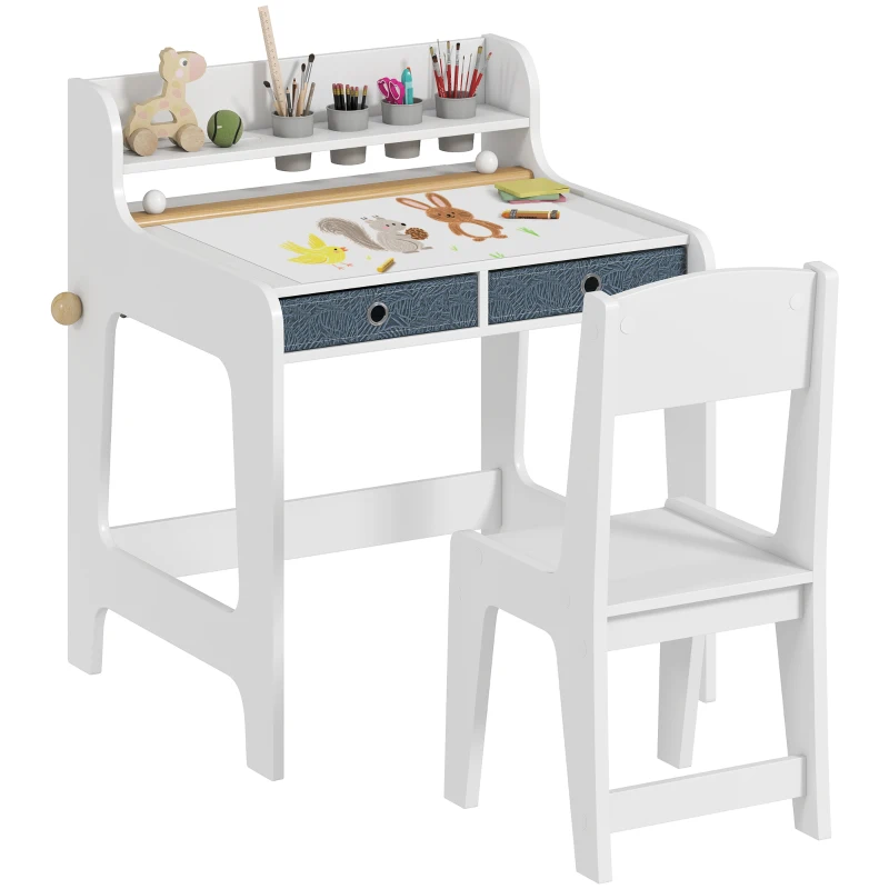Qaba Kids Study Table and Chair Set, Art Desk and Chair Set with Storage Shelf and Drawers for 3-8 Year Old