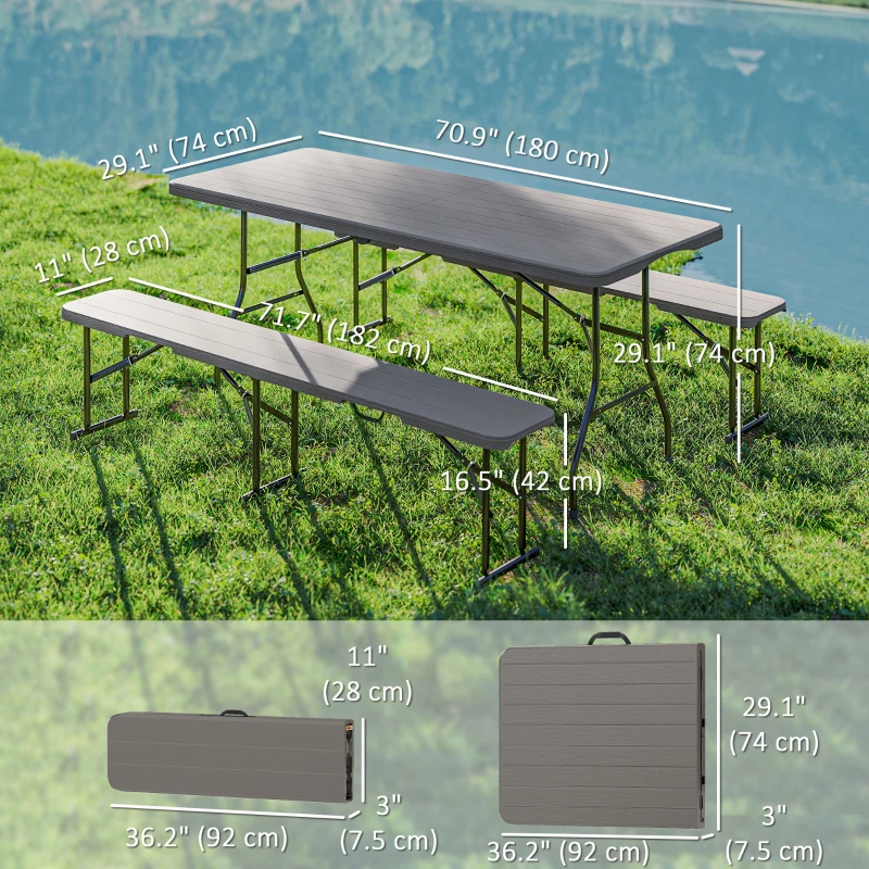 Outsunny 6FT 3PCS Faux Rattan Outdoor Camping Table Bench Set with Carrying Handles, Folding Picnic Table with 2 Benches, Brown