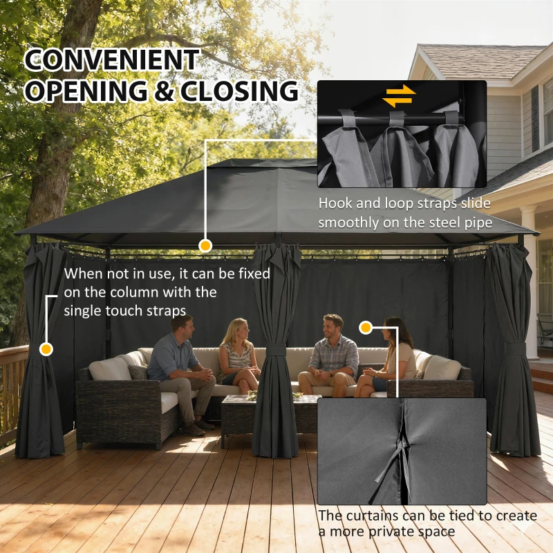 Outsunny 13'x 10' Soft-top Steel Patio Gazebo Canopy Party Tent with 6 Removable Curtains and Drainage Holes, Dark Grey