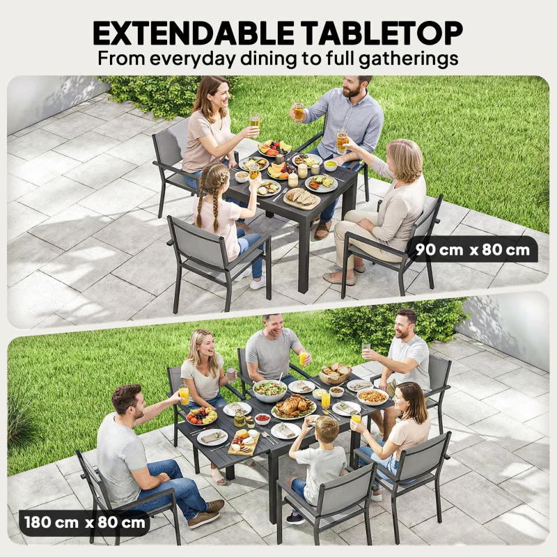 Outsunny 7 Pieces Outdoor Dining Set, Aluminum Patio Table and Chairs Set for 6 with Extendable Tabletop and Stackable Chairs