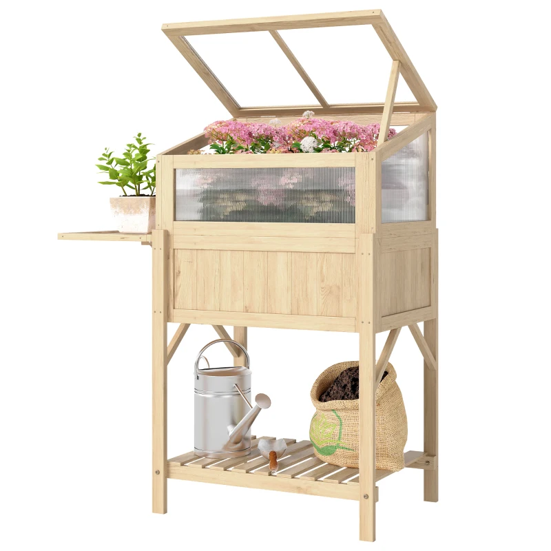 Outsunny Raised Garden Bed Planter with Cold Frame, Wooden Elevated Planter Box with Folding Side Table and Shelf, Natural Wood