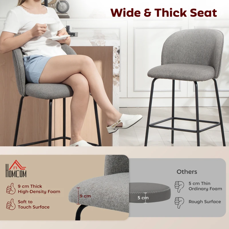 HOMCOM Set of 2 Counter Height Barstools, Upholstered Linen Bar Stools with Backrest, Footrest and Steel Legs, Dark Grey