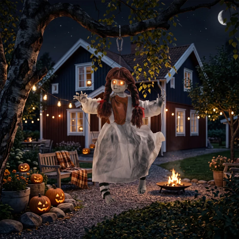 HOMCOM Halloween Animated Hanging Creepy Girl on Swing Decoration, Light-Up Eyes, Sound and Touch Activated