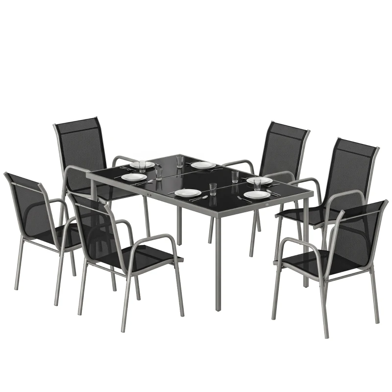 Outsunny 7 Piece Garden Dining Set, Garden Furniture Set with Rectangle Table and 6 Stackable Chairs