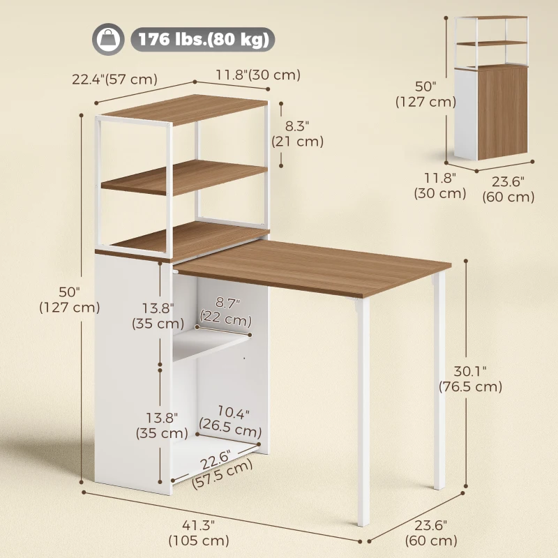 HOMCOM Folding Computer Desk with 4-Tier Bookshelf Space-Saving Home Office Desk, Natural