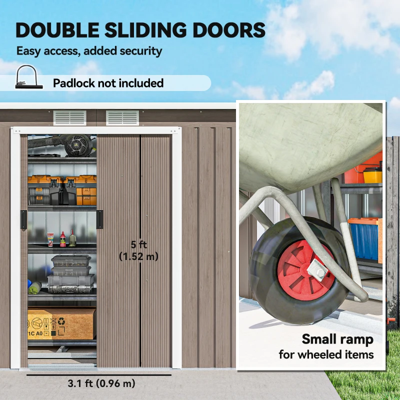 Outsunny 9' x 4' Garden Metal Storage Shed Outdoor Equipment Tool Box with Foundation Kit, Ventilation & Doors, Light Grey