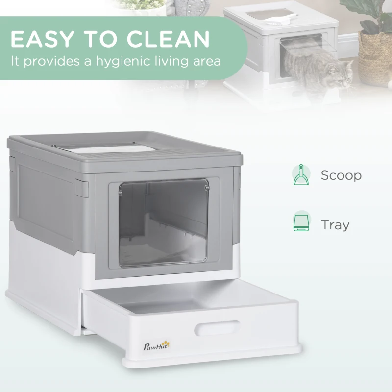 PawHut Top Entry Enclosed Kitty Litter Box with Scoop, Tray, Front Entry, Large Space, Foldable, Portable, Grey