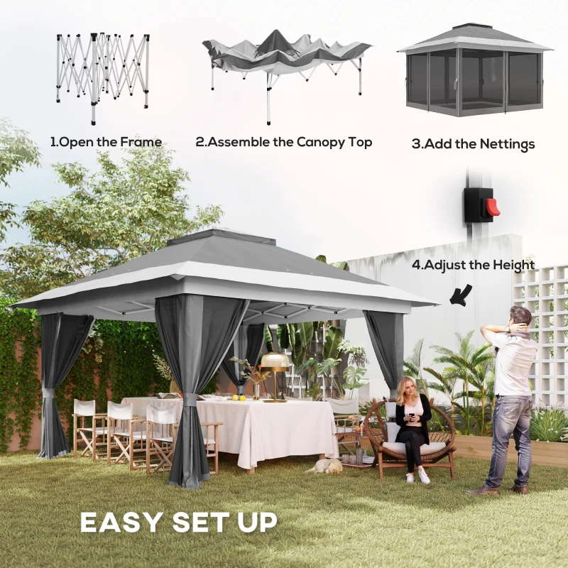 Outsunny 11.7' x 11.7' Pop Up Canopy Tent with Netting, UPF50+ Instant Sun Shelter with Wheeled Carry Bag and Sand Bags