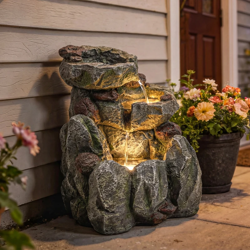 Outsunny Outdoor Fountain with LED Lights Adjustable Flow Cascading Waterfall 3-Tier Rustic Rock Look Grey