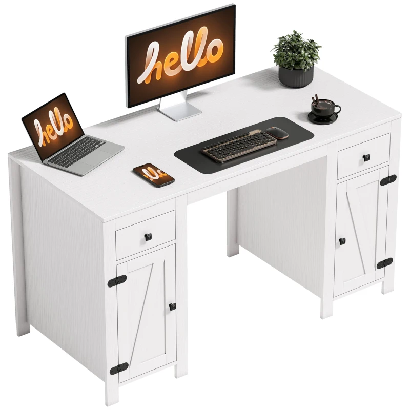 HOMCOM 53" Farmhouse Executive Desk, Computer Desk with Drawers and 2 Cabinets, Study Table for Home Office, White Wood Grain