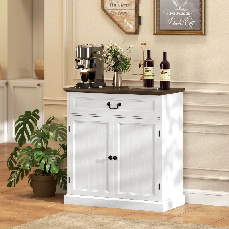 HOMCOM Buffet Cabinet, 32" Farmhouse Sideboard with Thick Top, Quiet Drawer and Adjustable Shelf, White Wood Grain