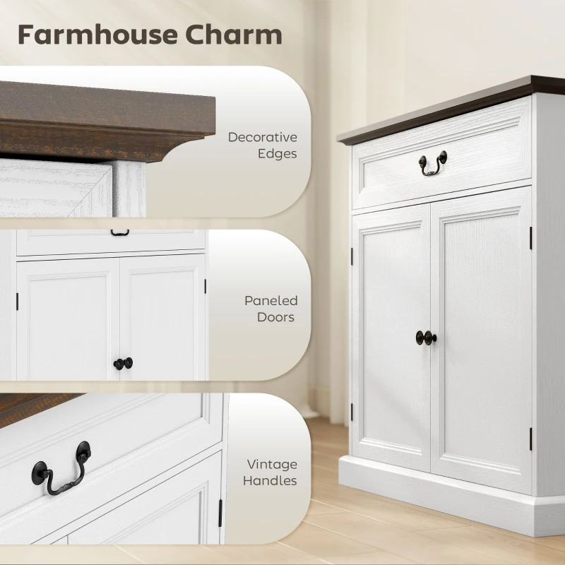 HOMCOM Buffet Cabinet, 32" Farmhouse Sideboard with Thick Top, Quiet Drawer and Adjustable Shelf, White Wood Grain