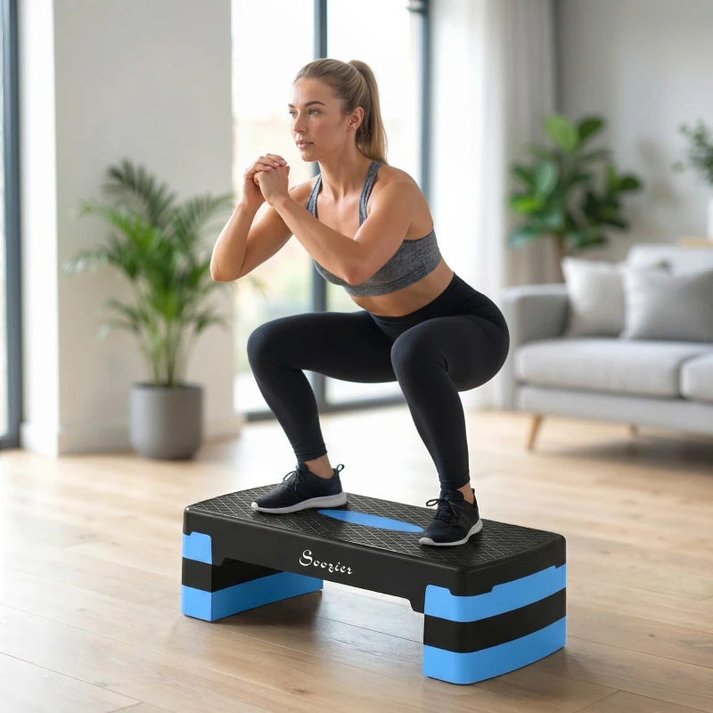 Soozier Aerobic Exercise Step Platform, 4"/6"/8" Adjustable Aerobic Stepper with Risers, Workout Stepper for Home Gym, Blue