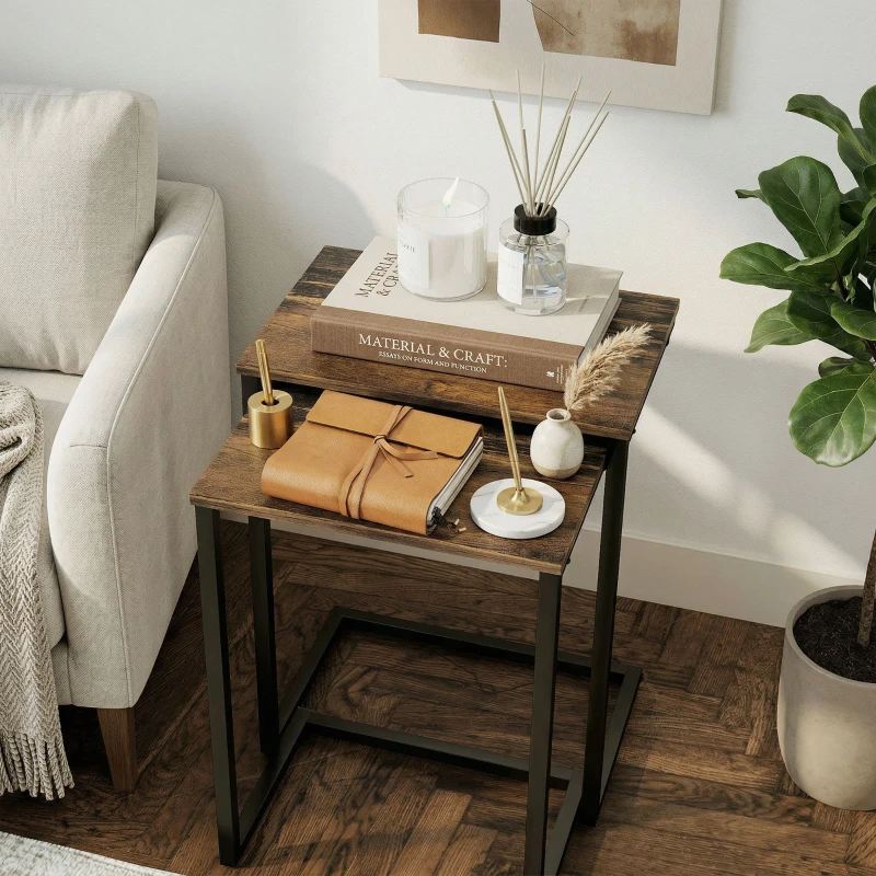 HOMCOM Nesting Coffee Table Set of 3, Stackable Rectangular End Tables with Wood-Effect Top, Metal Frame, Industrial & Rustic C-Shaped for Small Space, Living Room, Rustic Brown