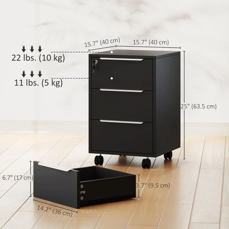 HOMCOM 3 Drawer File Cabinet with Wheels, Vertical Filing Cabinet with Lock, Black