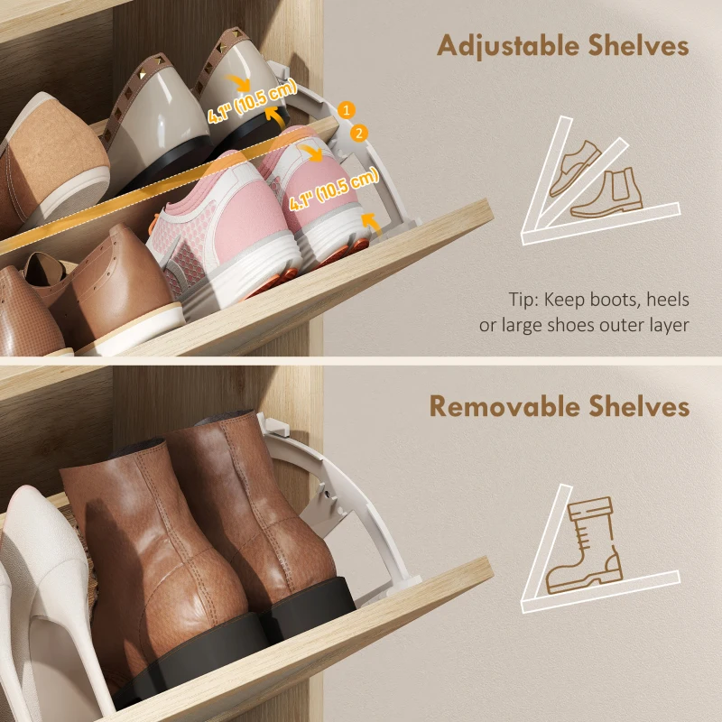 HOMCOM Shoe Cabinet with 2 Flip Drawers, Boho Narrow Shoe Storage Cabinet, Oak