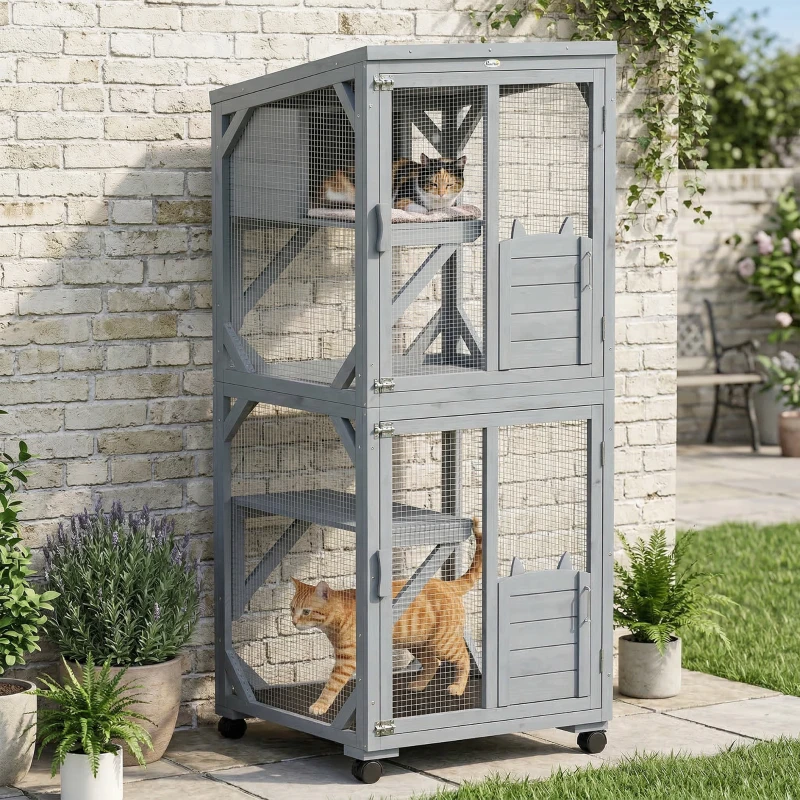 PawHut Movable Catio Outdoor Cat Enclosure with Resting Box, 3 Jumping Platforms, Waterproof Asphalt Roof for Outdoor Indoor