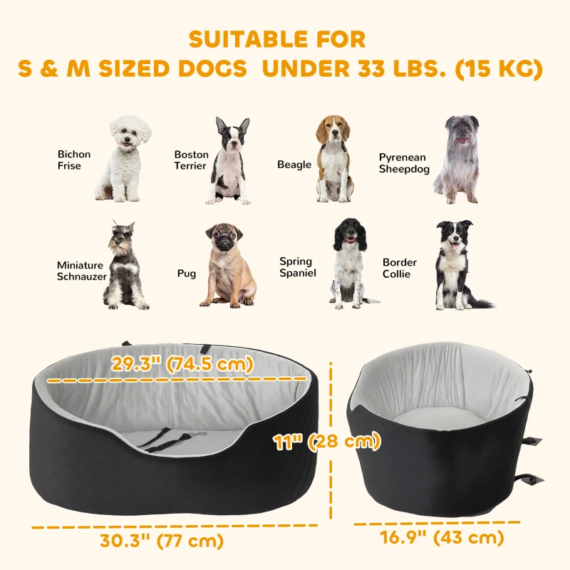 PawHut Dog Car Seat for Small Medium Pets, Detachable Washable Pet Bed with Cushion and Safety Belt for Dog Under 33lbs, Black
