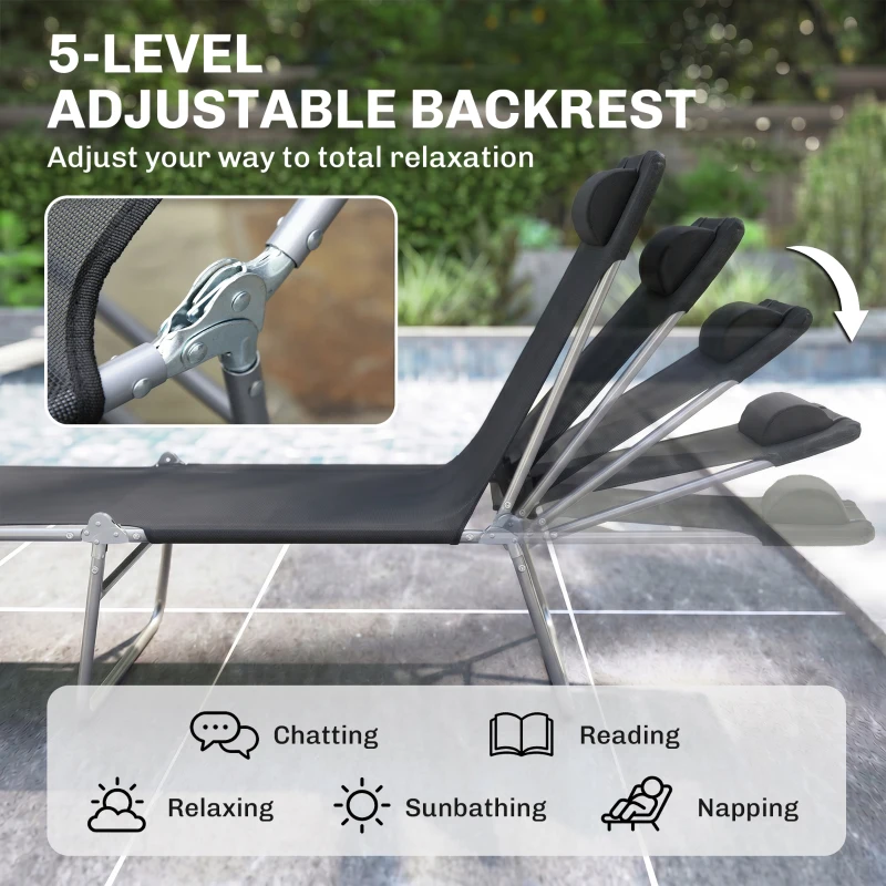 Outsunny Outdoor Lounge Chair, Portable Adjustable Reclining Seat Folding Chaise Lounge Patio Camping Beach Tanning Chair Bed with Pillow, Black