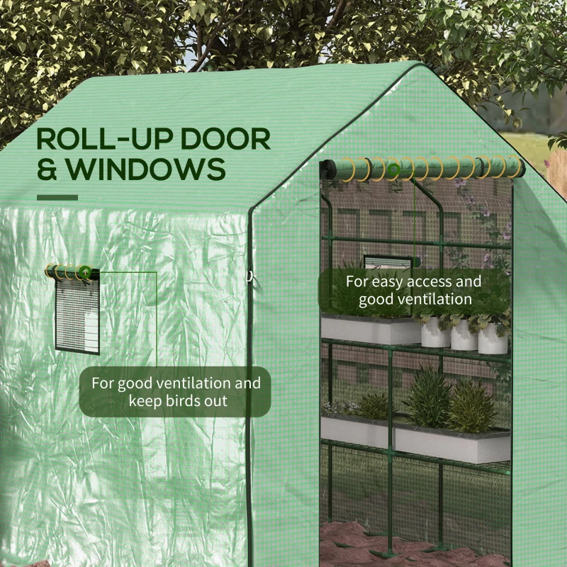 Outsunny Portable Greenhouse, Walk-In Small Outdoor Green House with 2 Tier U-Shaped Flower Rack Shelves, 4.6' x 4.7', Green