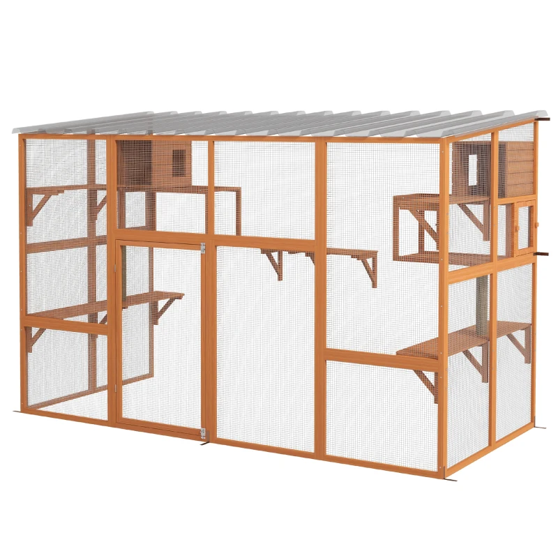 PawHut Large Outdoor Catio with 2 Condos, Jumping Platforms, Waterproof Roof, Orange